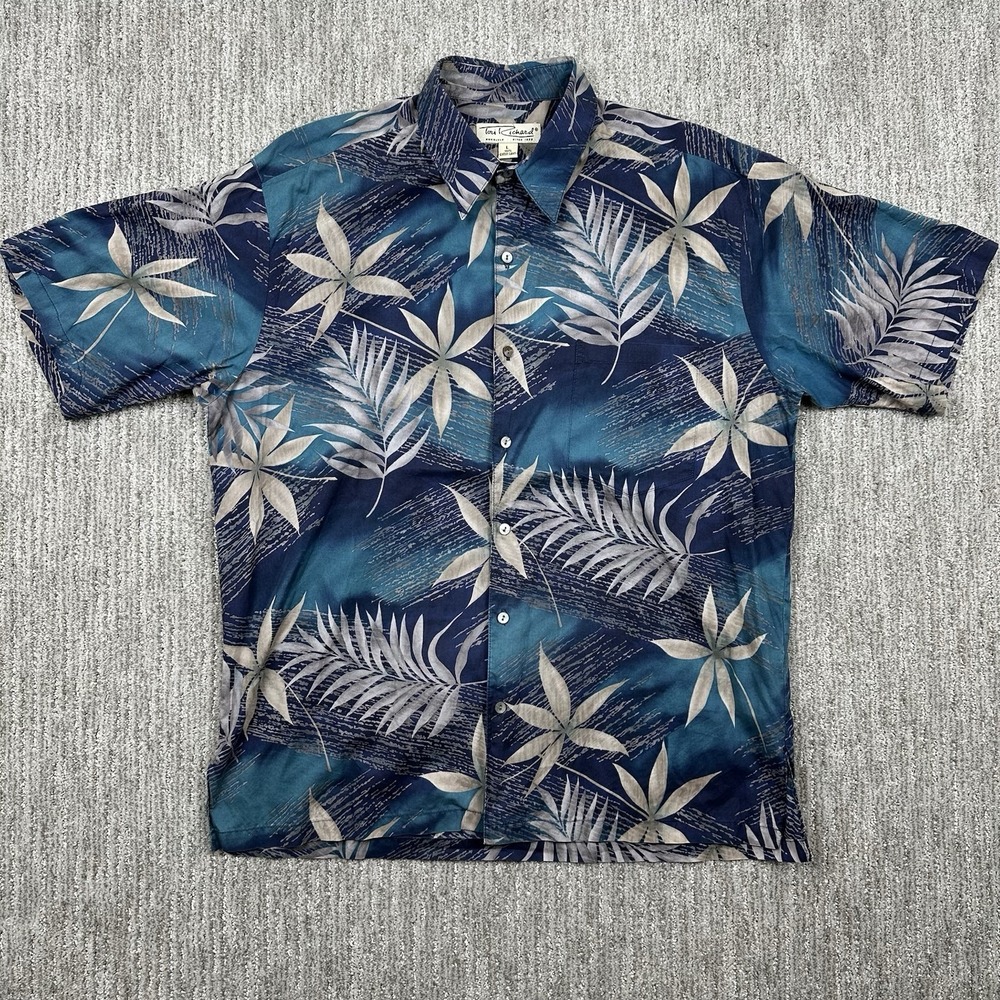 Vtg Tori Richard Men's Large Hawaiian Button Up Shirt Blue Palm Geometric Print